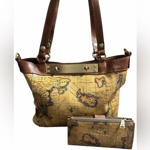 Patricia Nash benvenuto leather tote bag matching wallet in European map print
